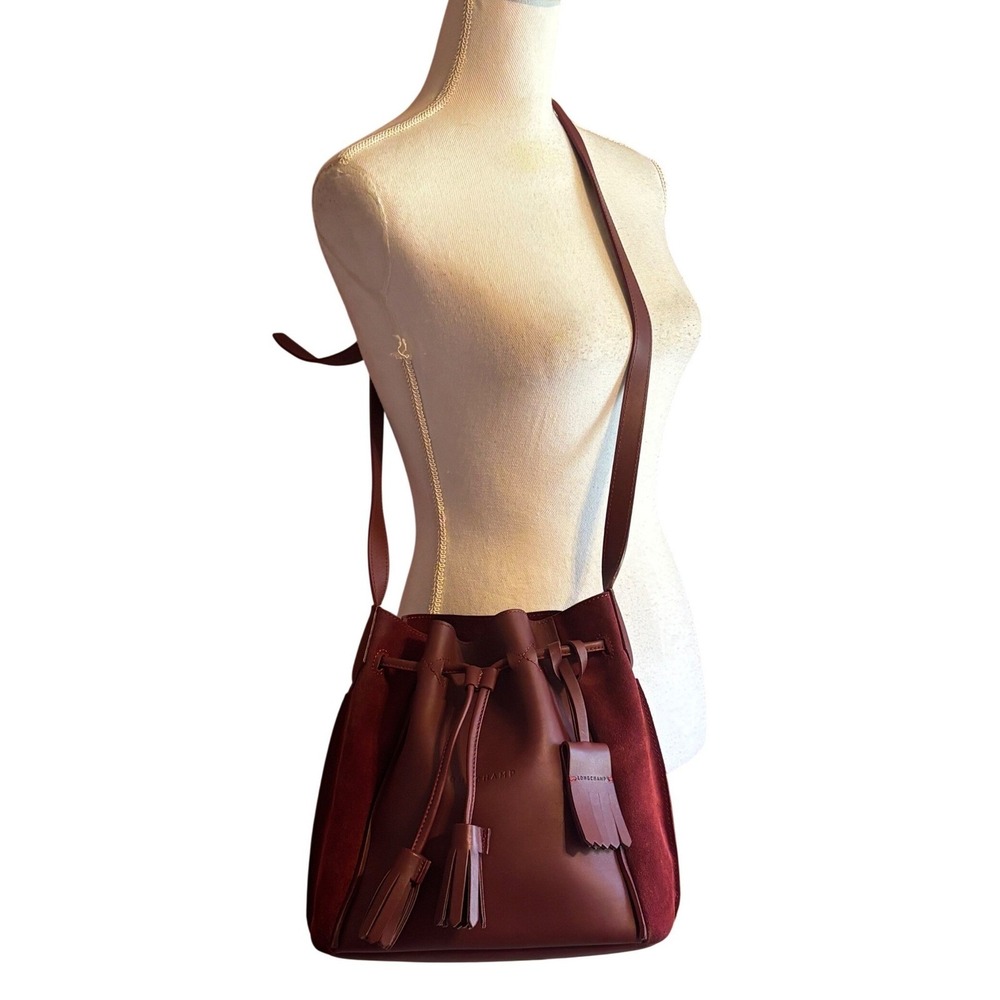 Longchamp Roseau Oxblood Leather Suede Tassel Bucket Bag Crossbody French girl